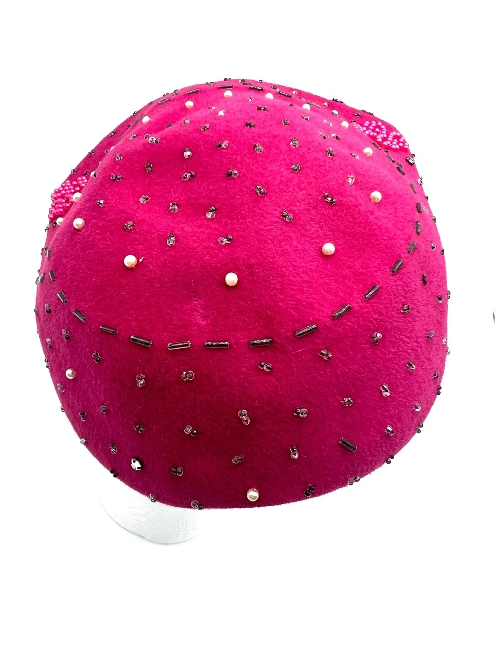 Vintage Lee Pink Genuine Velour Beaded Cocktail Hat Pearls Floral 1940s mid cent